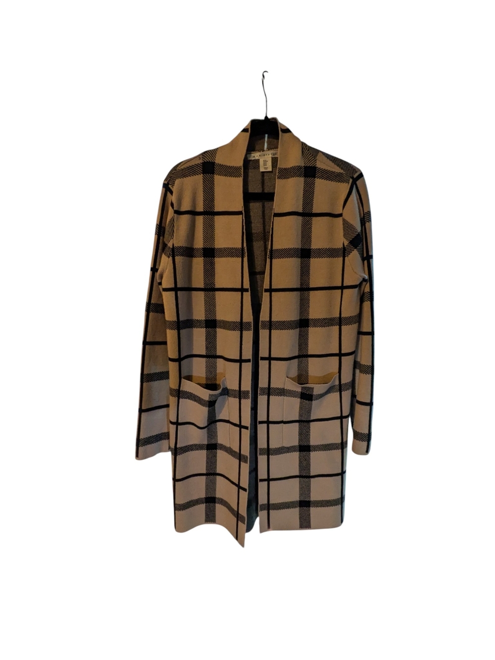 Max Studio Tan and Black Plaid Open-Front Cardigan Coat